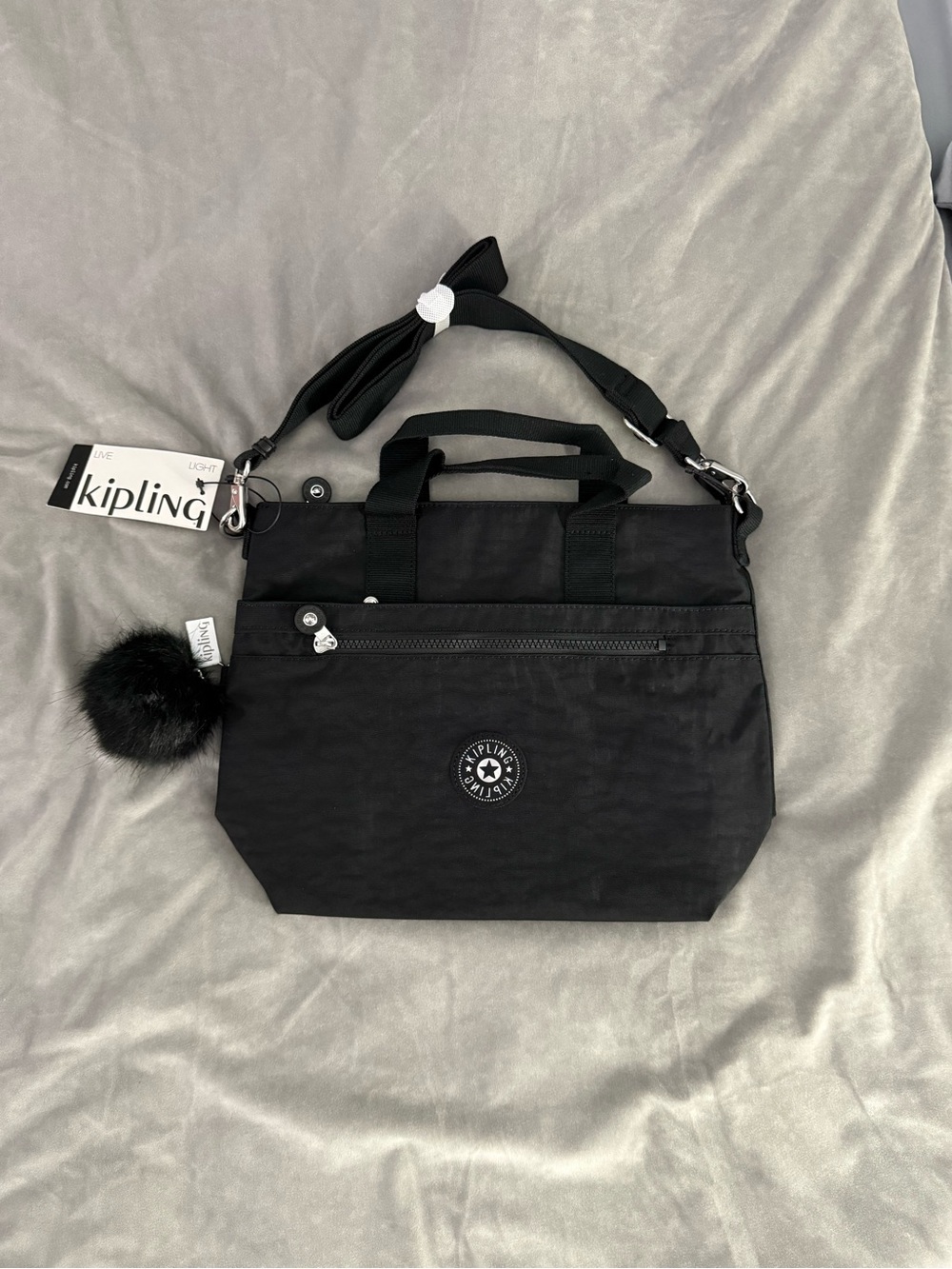 Kipling Black Convertible Crossbody Tote with Pom Charm